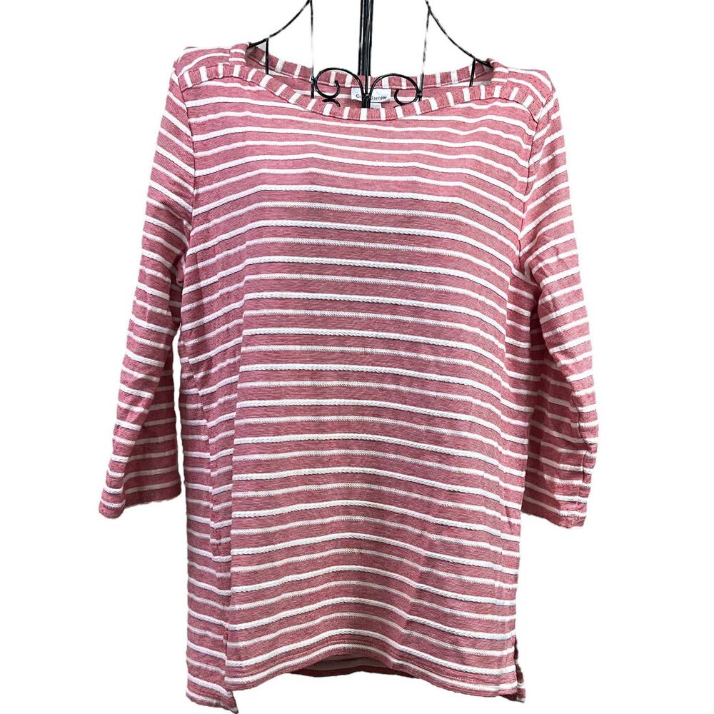 Croft & Barrow Top Boat Neck 3/4 Sleeves Split Hem Size Small Red White Stripe
